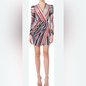 ML Monique Lhuillier Striped Velvet Mini Dress Faux Wrap Ivy Multi Size 16